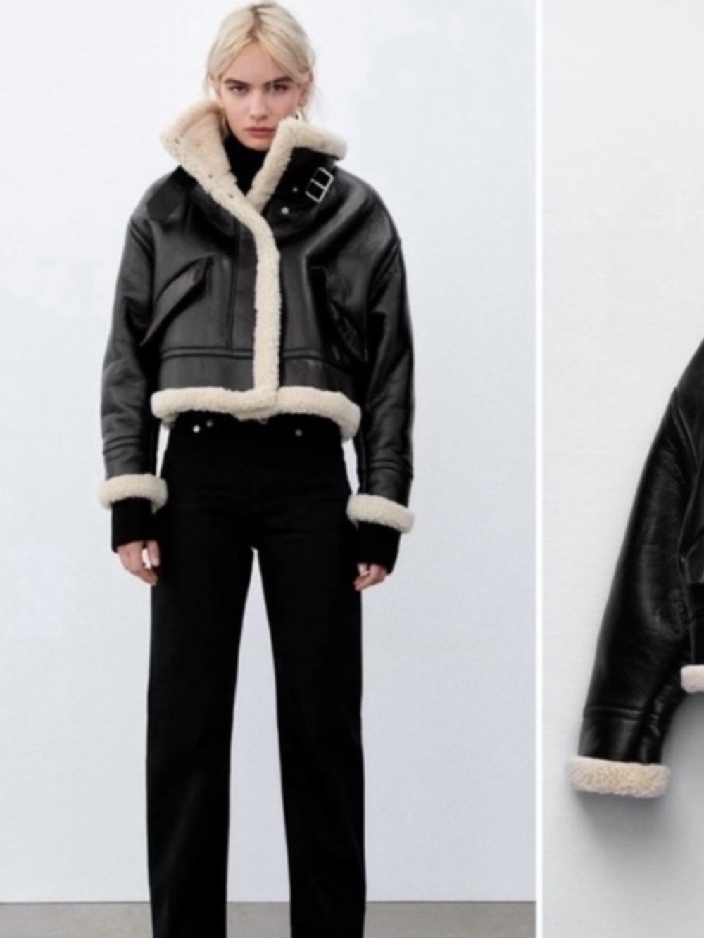 ZARA Black Faux Leather Cream Fleece Lined Sz Small Blogger Favorite
